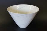 bluish white porcelain bowl with colored lines